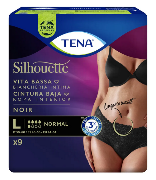 TENA SILHOUETTE NORMAL NOIR VITA BASSA MUTANDINE ASSORBENTI TAGLIA L 9 PEZZI